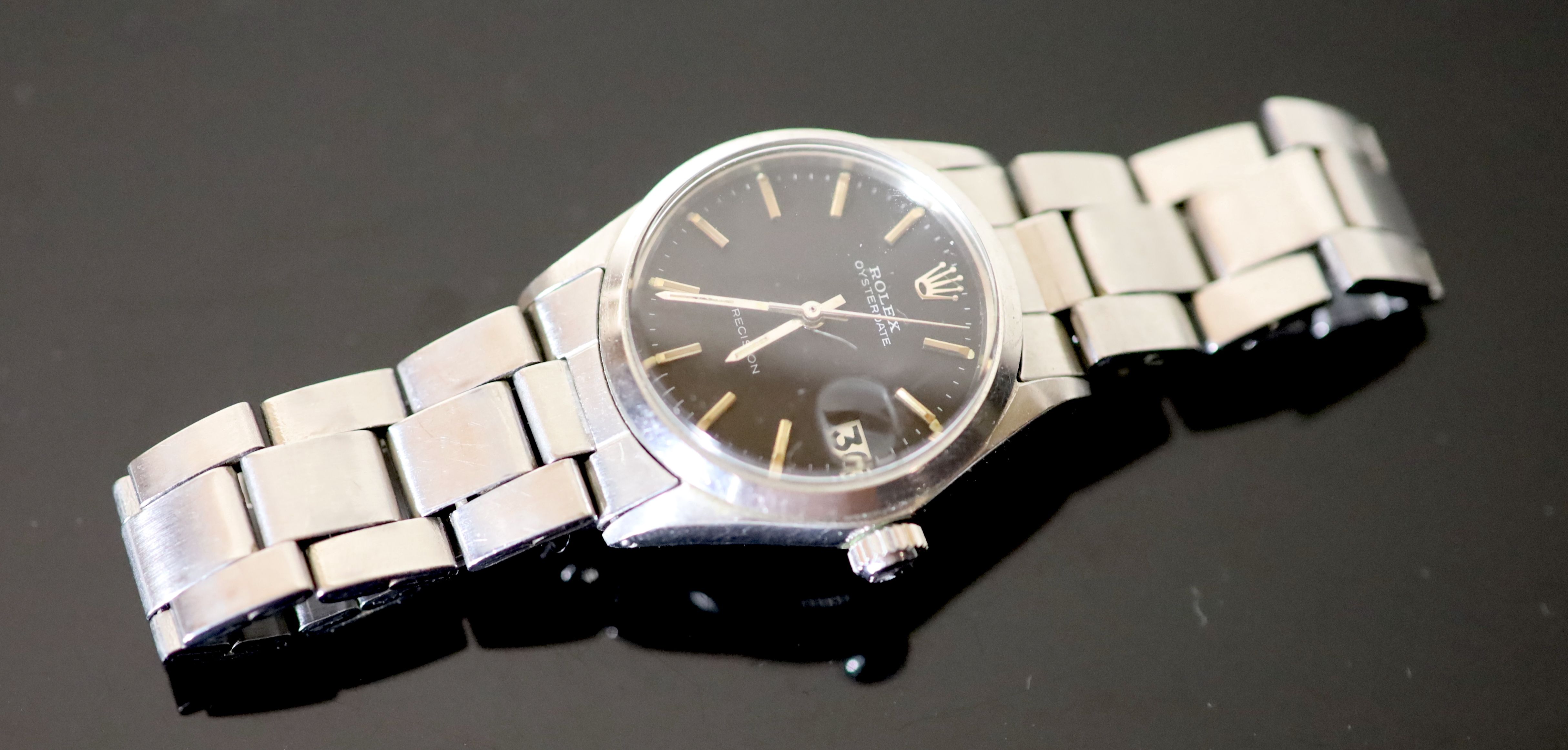 A gentlemans early 1970s stainless steel Rolex Oysterdate boys? size wrist watch,